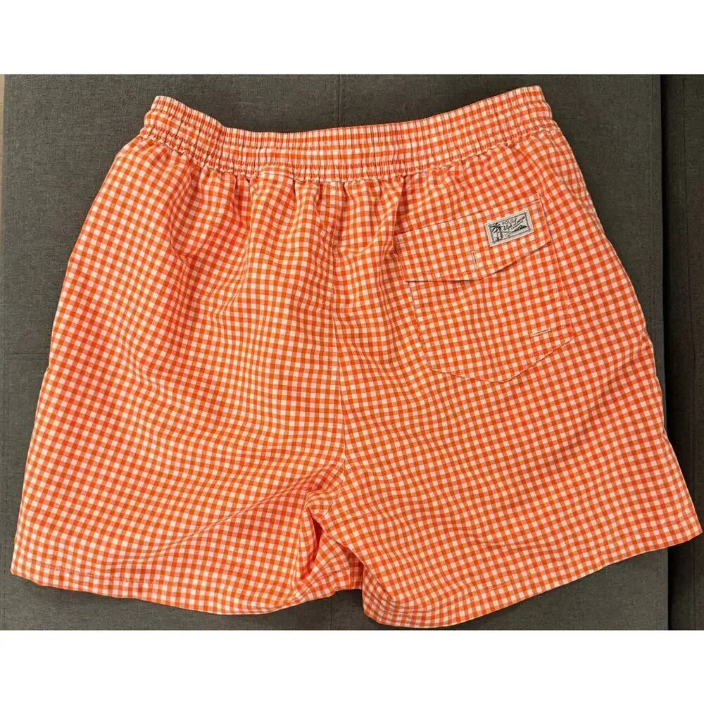 Polo Ralph Lauren Orange White Gingham Traveler Swim Trunks Men’s Size XL